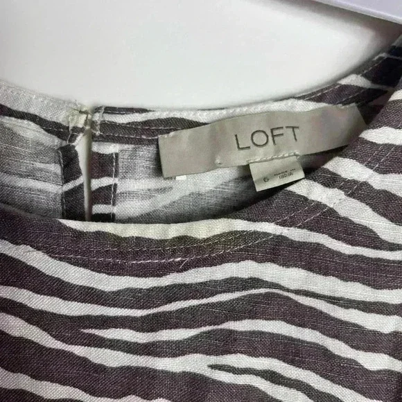 LOFT Zebra Brown White Sleeveless Pocket Linen Keyhole Shift Dress Women’s 6 - Picture 3 of 8